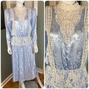 Vintage 80s 90s Scott McClintock Satin Lace Brocade Jacquard Pleated Dress